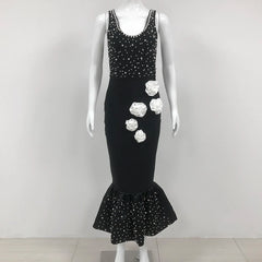 Black Color Women Sleeveless Sexy O-Neck Pearl Beading Bodycon Bandage Gown Dress Celebrate Evening Party Outfit Vestido
