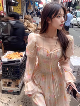 Damen Chiffonkleid mit eckigem Ausschnitt, Puffärmeln und Blumenmuster