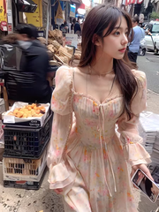 Damen Chiffonkleid mit eckigem Ausschnitt, Puffärmeln und Blumenmuster