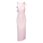 Chic And Elegant Stereo Flowers Sleeveless Synthetic Leather Party Evening Dress Vestidos