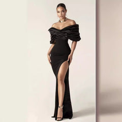Black pleated edge strapless dress for slimming, tight fitting, and floor length, with a hip hugging design