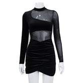 Mesh splicing perspective pleats buttocks wrapped short skirt golden velvet dress