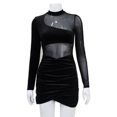 Mesh splicing perspective pleats buttocks wrapped short skirt golden velvet dress