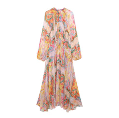 European and American Half High Collar Long Sleeve Printed Waist Loose Dress