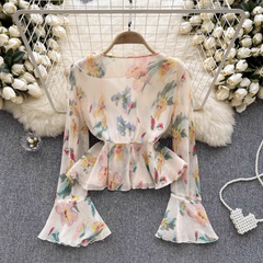 Women's trumpet long sleeve ruffled printed chiffon blouse