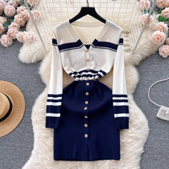 Damen Retro-Strickkleid mit V-Ausschnitt und langen Ärmeln und Kontrast