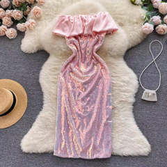Pink Ruffle Neckline Sequins Dress
