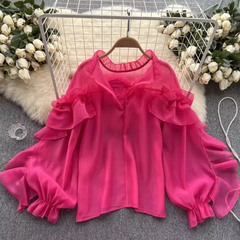 Women's irregular ruffled mesh blouses