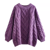 Purple cable sweater 2023 new Women's autumn and winter retro loose outerwear