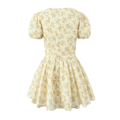 Kleid mit Blumenmuster und Puffärmeln und V-Ausschnitt