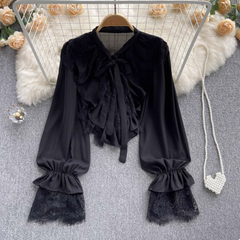 Blusen mit Rüschenbesatz, Spitzenbesatz, Chiffon, lange Ärmel