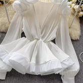 Three-dimensional flower ruffled pleated V-neck pullover blouses