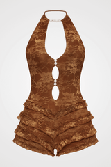 Floral Pattern Print Halter Cutout Frilled Trim Playsuit Romper - Brown