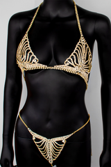 Sparkling Rhinestone Halter Neck Bra Pantie Body Chain Party Matching Set - Gold