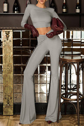 Long Sleeve Crop Top Flared Pants Solid Color 2pcs Set - Grey