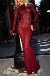 Animal Print Feather Trim Long Sleeve Backless Maxi Dresses - Burgundy