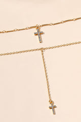 Rhinestone Cross Pendants Alloy Double - Layered Necklace - Gold
