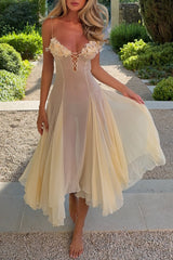 Petal Decor Ruffled Hem See Through Slip Midi Dresses - Beige Pre Order