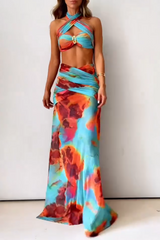 Abstract Print Halter Crop Top Side Slit Maxi Skirt 2pcs Set - Blue