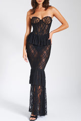 Lace See Through Strapless Formal Party Mermaid Maxi Dresses - Black