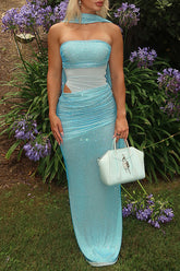 Hot Drilling Strapless Mesh Patchwork Ruched Slim Fit Maxi Dresses - Blue