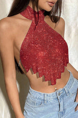 Sparkling Rhinestone High Collar Sleeveless Irregular Crop Top - Silver