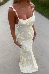 Spaghetti Strap Floral Jacquard Bodycon Party Maxi Dresses - Beige