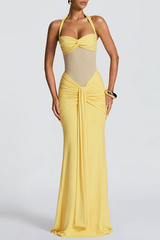 Sheer Mesh Patchwork Ruched Bodycon Sash Halter Maxi Dresses - Yellow