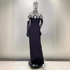 gloves, luxurious diamond studded hanging bag, hip bandage dress, high-end red carpet party dress