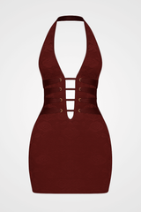 Deep V Neck Jacquard Lace Bodycon Halter Mini Dresses - Burgundy