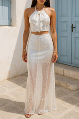 Bow Decor Halter Crop Top Shimmering Maxi Skirt Set - White Pre Order