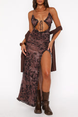 Floral Print Tie Up Cutout Frilled Slit Slip Maxi Dresses - Brown