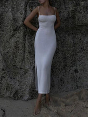 Women Knitted Dress Slash Neck Sleevesless Lace-up Backless Split Slim Ankle-length Dresses