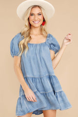 Square Neck Puff Sleeve Denim Dress