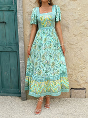 Holiday Chartreuse Floral Print A-Line Maxi Dress