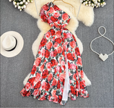 Sleeveless waist slimming a-line slit print dress elegant maxi dress