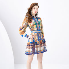 Palace style lapel lantern sleeve wavy edge short mini retro printed dress