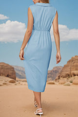 Perfee Slit Johnny Collar Sleeveless Midi Dress