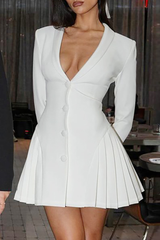 Deep V Neck Long Sleeve Button Up Cinch Waist Pleated Mini Dresses - White