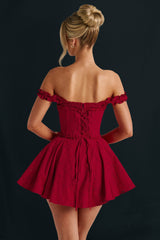 Frilled Trim Off Shoulder Corset Pleated A - Line Mini Dresses - Red