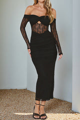 Off Shoulder Long Sleeve Lace Patchwork Ruched Bodycon Midi Dresses - Black