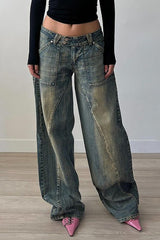 Distressed Denim Wide Leg Casual Low - Rise Jeans - Blue