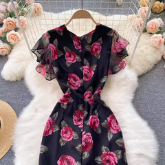 Elegantes Meerjungfrauenkleid mit Chiffon-Print und Rüschen