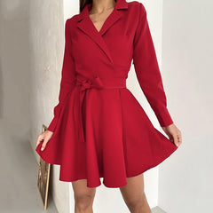 Spring Elegant Suit Collar Long Sleeve Lace up Dress Bowknot High Waist A-line Dress