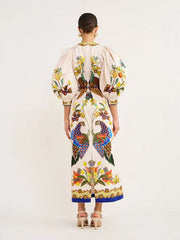 Elegant Birds Flower Printed Belts Dress Women Long Lantern Sleeve O-neck Colorful Holiday Vestidos