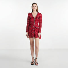 Arrive Red Color Knitted Women Mini Dress V Neck Long Sleeve Slim Lady Short Dress