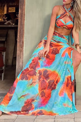 Abstract Print Halter Crop Top Side Slit Maxi Skirt 2pcs Set - Blue