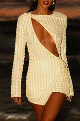 Round Neck Long Sleeve Cutout Tie Up Textured Mini Dresses - Yellow