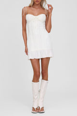 Tie Up Shoulder Straps Ruffled Hemline Textured Mini Dresses - White Pre Order