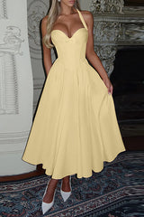 Halter Neck Corset Design Solid Color A - Line Midi Dresses - Yellow